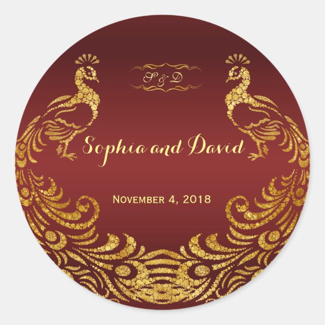 Sticker Rond Royal Burgundy Gold Peacock Mariage personnalisé (Devant)