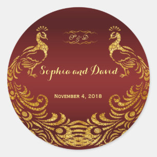 Sticker Rond Royal Burgundy Gold Peacock Mariage personnalisé