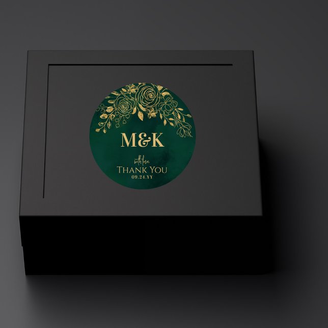 Sticker Rond Royal Emerald Green Or Floral Monogramme Merci (Créateur téléchargé)
