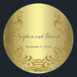 Sticker Rond Royal Gold Abstrait Peacock Mariage personnalisé<br><div class="desc">Design très élégant avec des Peacocks arrière - plan doré et abstrait or brillant pour un événement spécial mariage. Il donnera une touche unique à votre style mariage. Sois différent ! Personnalisez avec vos propres informations. Si vous devez déplacer le texte ou modifier la taille, la police ou la couleur,...</div>