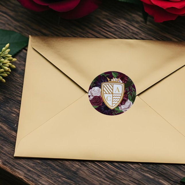 Sticker Rond Royal Muse Imaginaire médiéval Crest & Floral Mari (Royal Muse Medieval Fantasy Crest & Floral Wedding Classic Round Sticker)