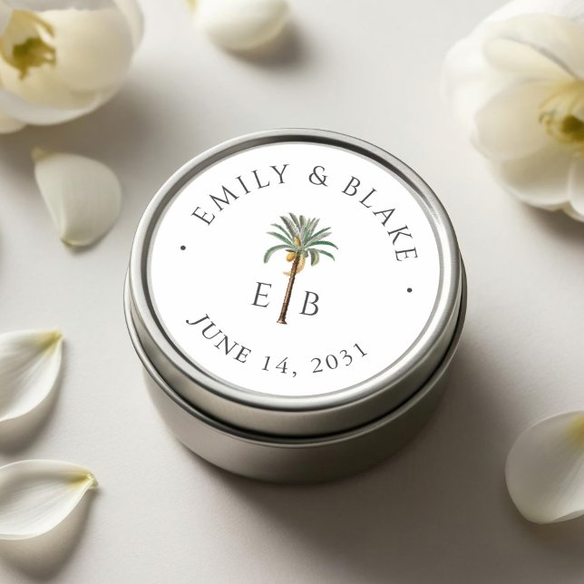 Sticker Rond Royal Palm Logo Elegant Tropical Monogram Wedding (Créateur téléchargé)