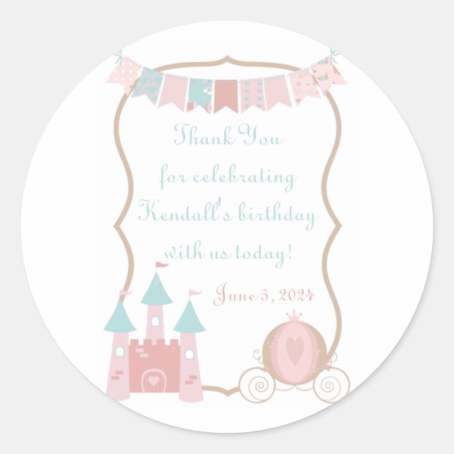 Sticker Rond Royal Princess Anniversaire Fête Favoriser Merci (Devant)