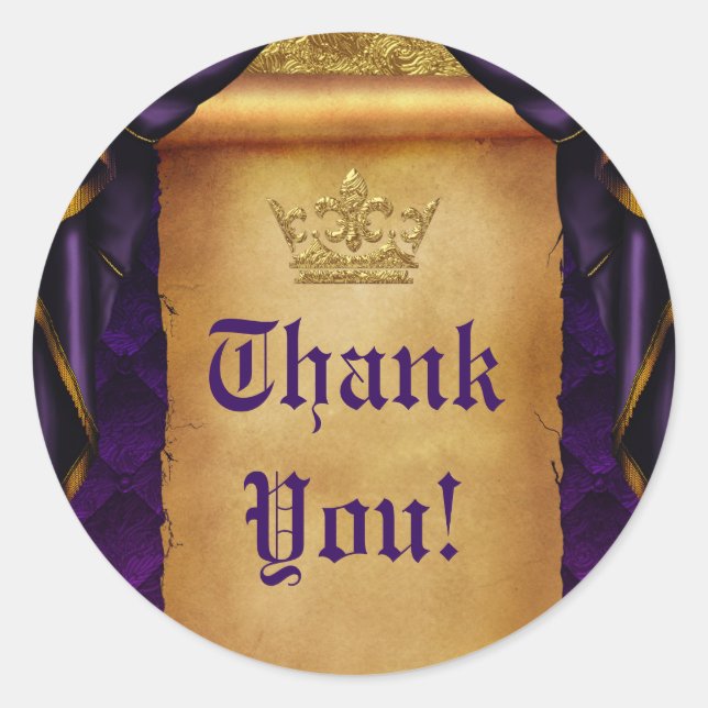 Sticker Rond Royal Purple & Gold Drapes Scroll Mariage Faveur (Devant)