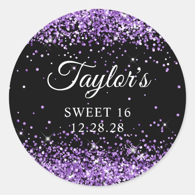 Sticker Rond Royal Purple Parties scintillant Black Sweet 16 (Devant)