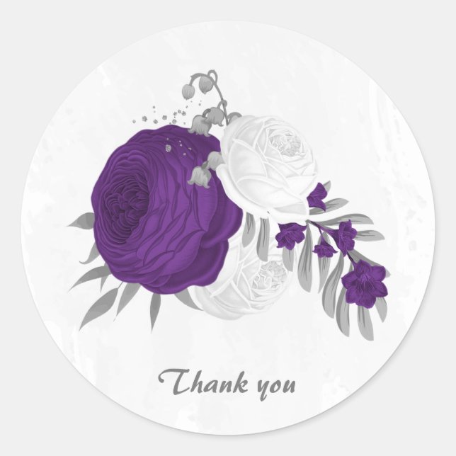 Sticker Rond royal violet et fleurs blanches argent (Devant)