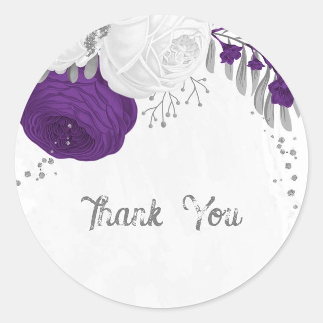 Sticker Rond royal violet & fleurs blanches argent classique ro (Devant)
