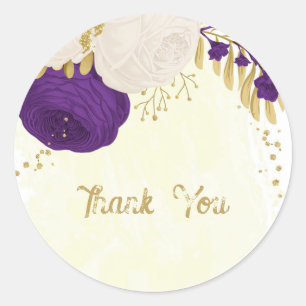 Sticker Rond royal violet & fleurs blanches or merci