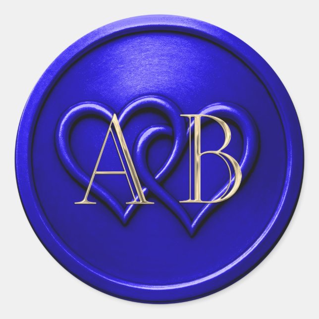 Sticker Rond Royl Blue Two Hearts Intertwined Monogram Wedding (Devant)