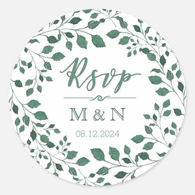 Sticker Rond RSVP | Mariage de monogramme de couronne Feuille v (Devant)