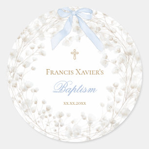 Sticker Rond ruban bleu fleurs de bébé blanc Baptême