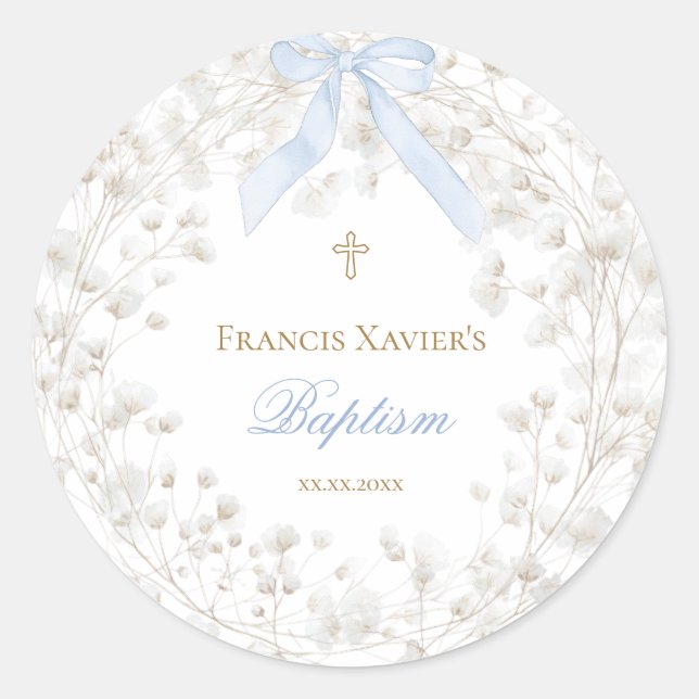 Sticker Rond ruban bleu fleurs de bébé blanc Baptême (Devant)