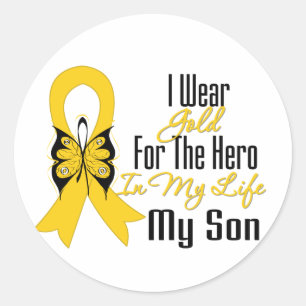Sticker Rond Ruban de Cancer d'enfance mon héros mon fils