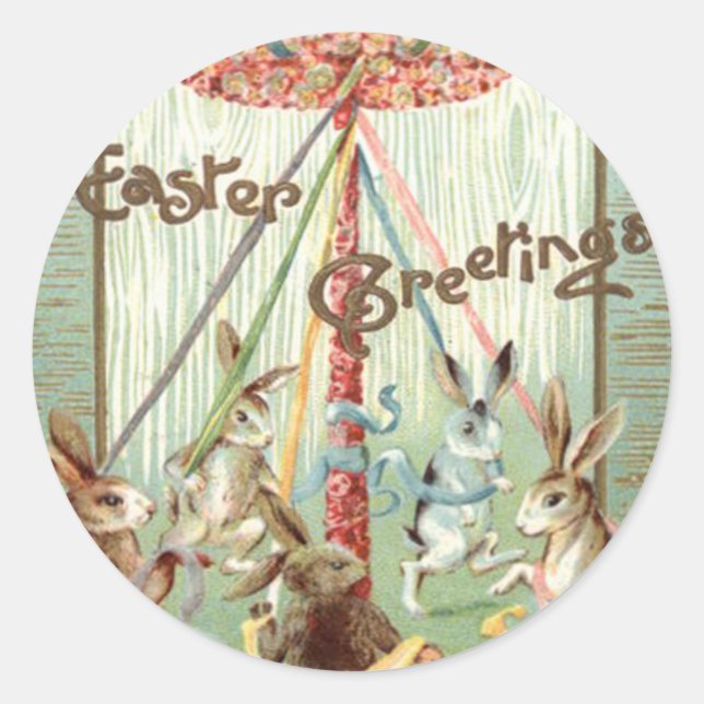 Sticker Rond Ruban de danse de la maypole du lapin de Pâques (Devant)