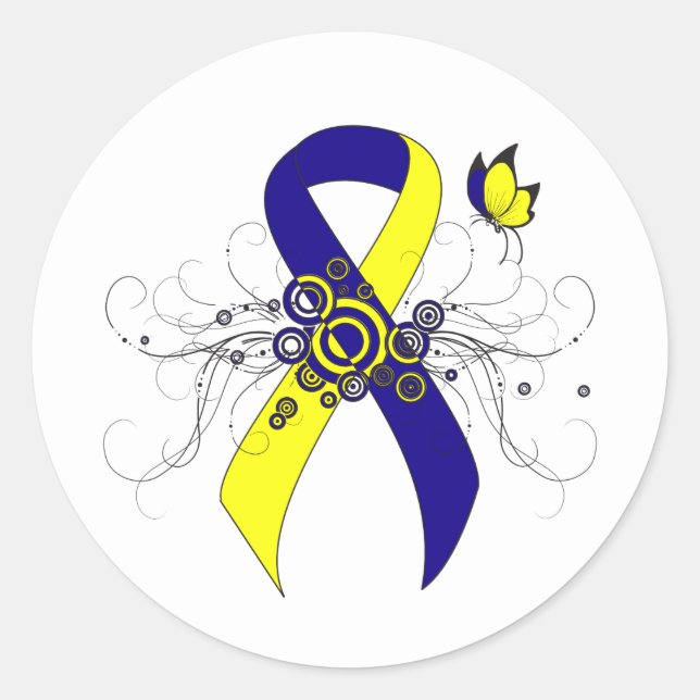 Sticker Rond Ruban de sensibilisation bleu et jaune avec papill (Devant)