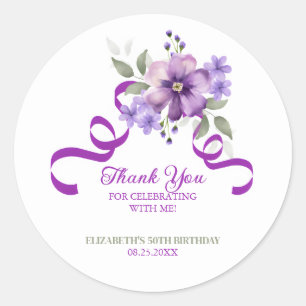 Sticker Rond Ruban de verdure de fleurs violettes pour annivers