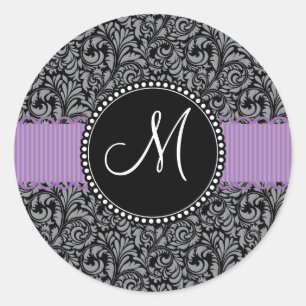 Sticker Rond Ruban floral noir initial de pourpre de damassé d