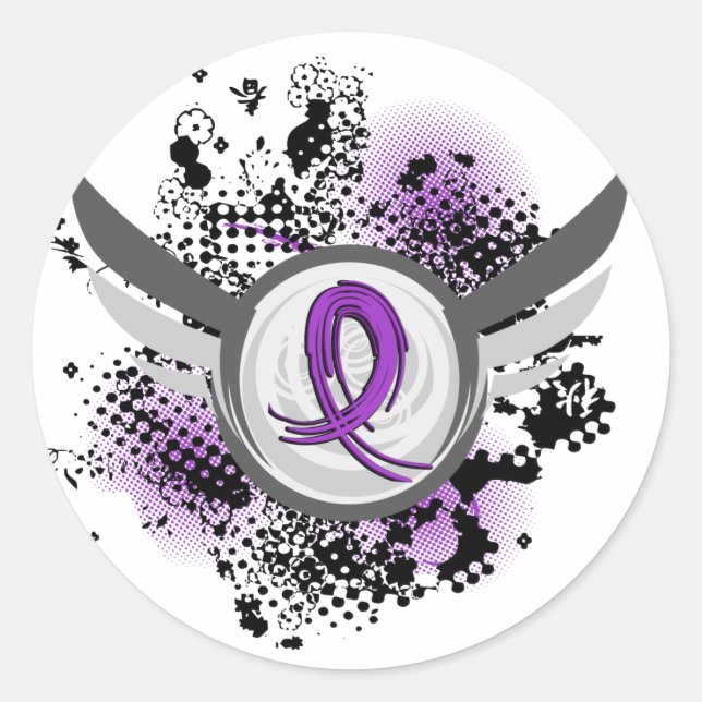 Sticker Rond Ruban pourpre et ailes Maladie d'Alzheimer (Devant)