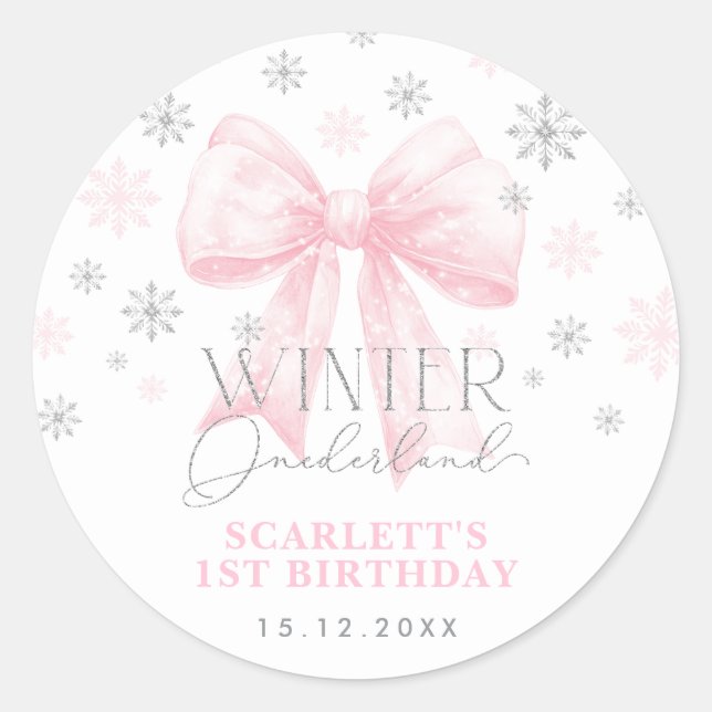 Sticker Rond Ruban rose Bow Silver Winter Onederland Anniversai (Devant)