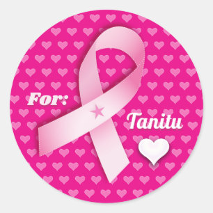 Sticker Rond Ruban rose & Coeurs Personnaliser sur le cancer du