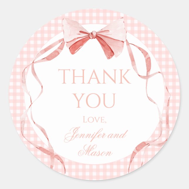 Sticker Rond Ruban rose en vichy baby shower merci (Devant)