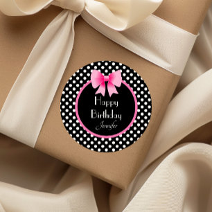 Sticker Rond Ruban rose Noir & Blanc Pois Anniversaire