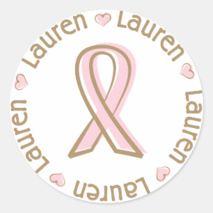 Sticker Rond Ruban rose Nom du cancer du sein Lauren