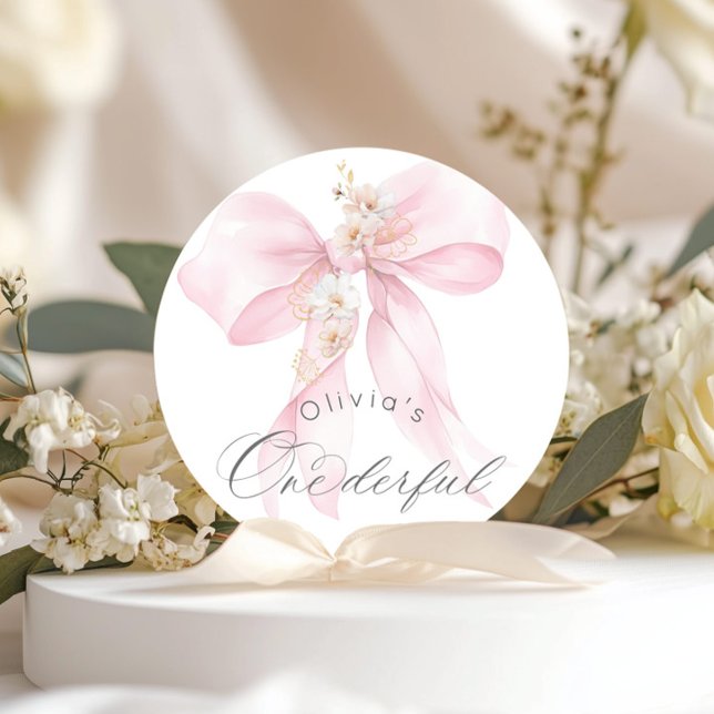 Sticker Rond Ruban rose Onederful fille 1er anniversaire (Créateur téléchargé)