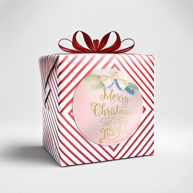 Sticker Rond Ruban rose or Noël Bonne année de voeux (Créateur téléchargé)