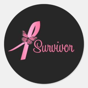 Sticker Rond Ruban rose papillon - Cancer du sein Survivant