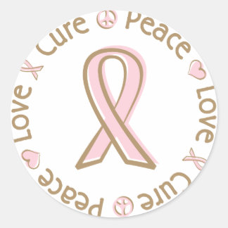 Sticker Rond Ruban rose Peace Love Cure Cancer du sein