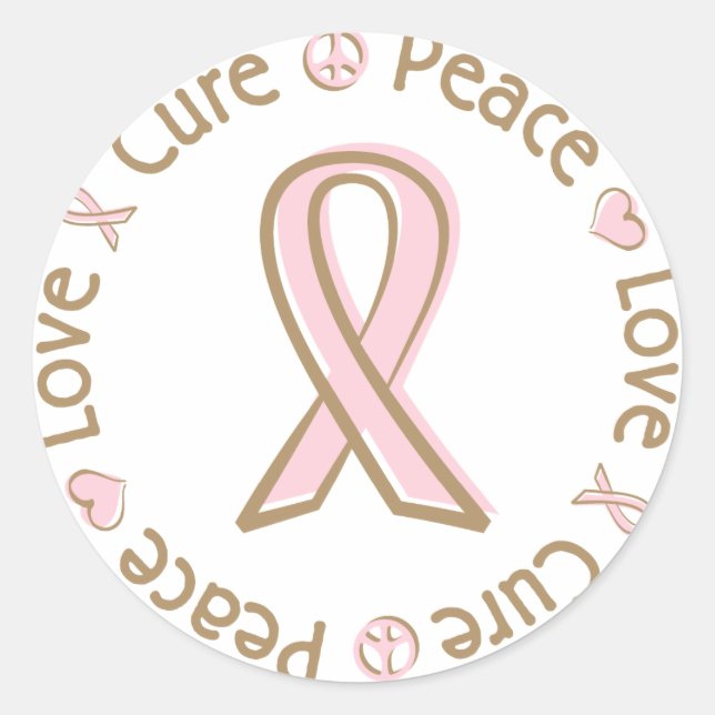 Sticker Rond Ruban rose Peace Love Cure Cancer du sein (Devant)