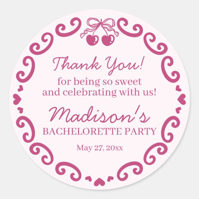 Sticker Rond Ruban Rose Rétro Cœur Coquette Gâteau Bachelorette (Devant)