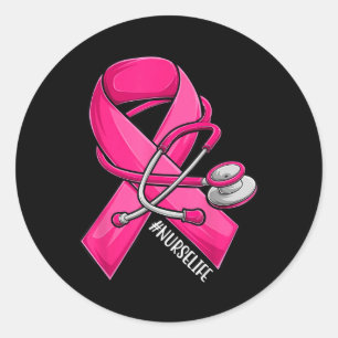 Sticker Rond Ruban rose Stethoscope Infirmière Vie Cancer du se