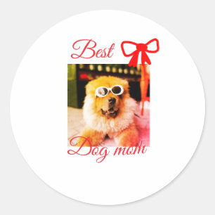 Sticker Rond Ruban rouge meilleure maman chien papa photo nom c