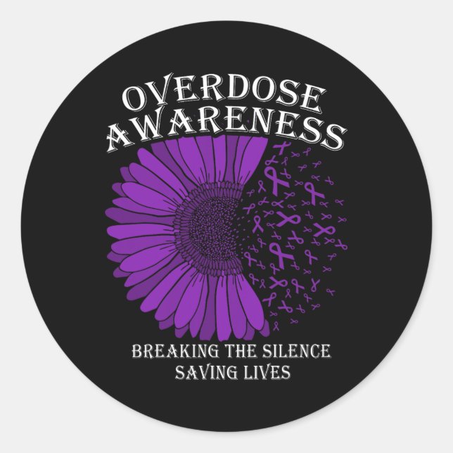 Sticker Rond Ruban Violet de Sensibilisation au Surdosage Drogu (Devant)
