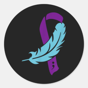 Sticker Rond Ruban Violet Et Plumes Turquoises Prévention Du Su