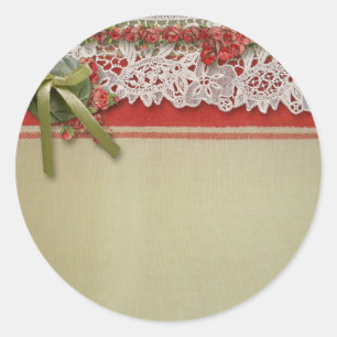 Sticker Rond Rubans Antique Rose en Dentelle Rustique Rouge Vic