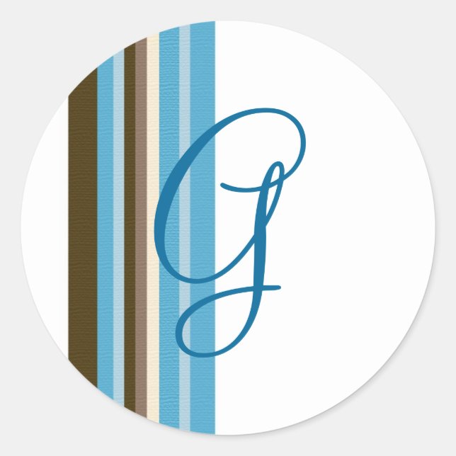 Sticker Rond Rubans bleus et Brown Monogramme (personnalisable) (Devant)