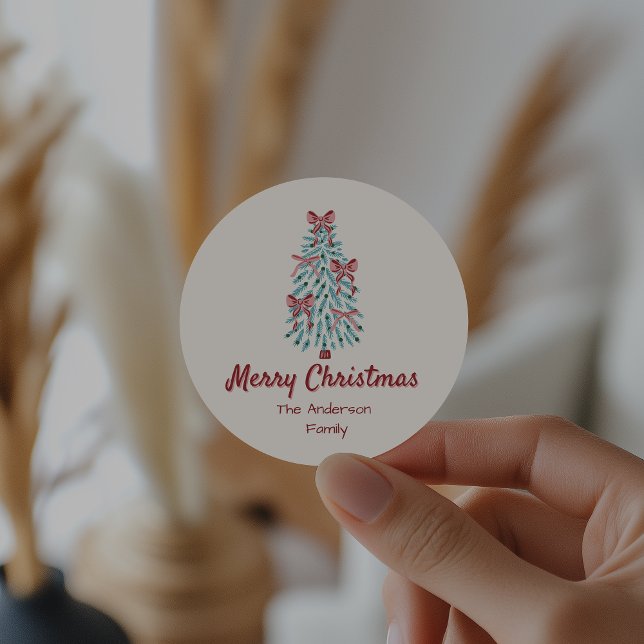 Sticker Rond Rubans de Noël Retro Rose Rouge Main Tirée Arbre (Créateur téléchargé)