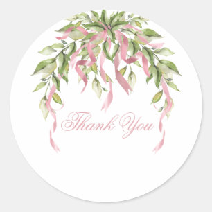 Sticker Rond Rubans roses Merci vert fleuri