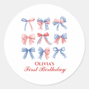 Sticker Rond Rubans Rouges, Blancs et Bleus anniversaire quatri