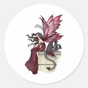 Sticker Rond Ruby Gothic Red Fairy and Dragon