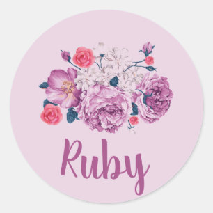 Sticker Rond Ruby Nom Floral Personnalisé Vintage Fleur Rose Fi