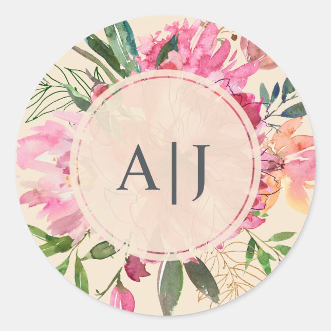 Sticker Rond Ruby Pink Peony Floral Mariage de monographie bota (Devant)
