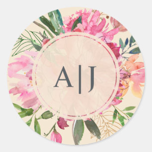 Sticker Rond Ruby Pink Peony Floral Mariage de monographie bota