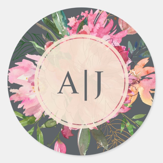Sticker Rond Ruby Pink Peony Floral Monogramme botanique (Devant)