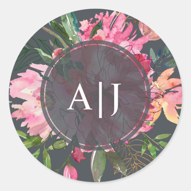 Sticker Rond Ruby Pink Peony Floral Monogramme botanique (Devant)