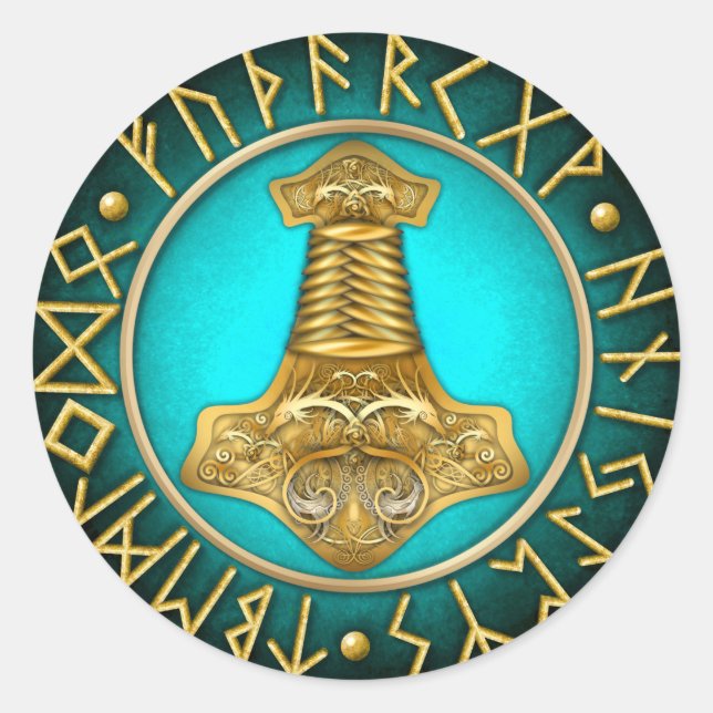 Sticker Rond Runes - Thors Hammer - Turquoise (Devant)