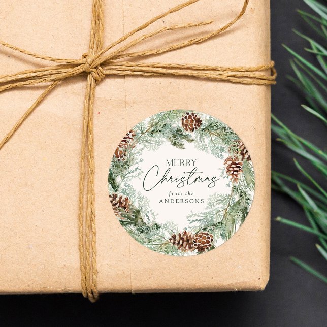 Sticker Rond Russe Aquarelle Pine Cône Wreath Joyeux Noël (Créateur téléchargé)